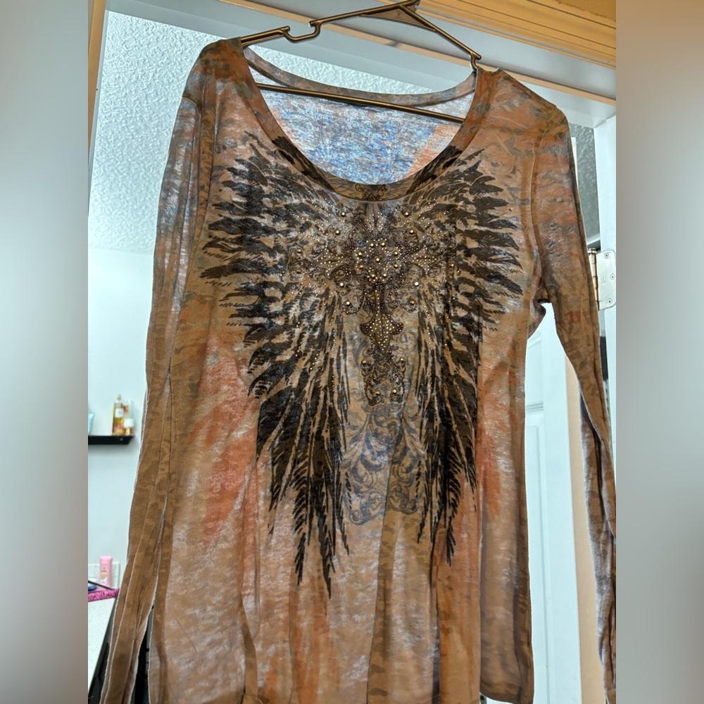 Maurices Brown Tan Graphic Long Sleeve Blouse